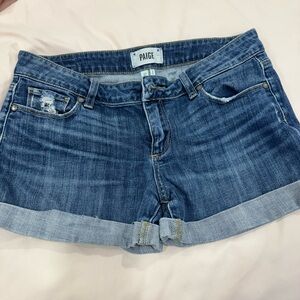 PAIGE Medium Blue Rolled-Cuff Denim Shorts